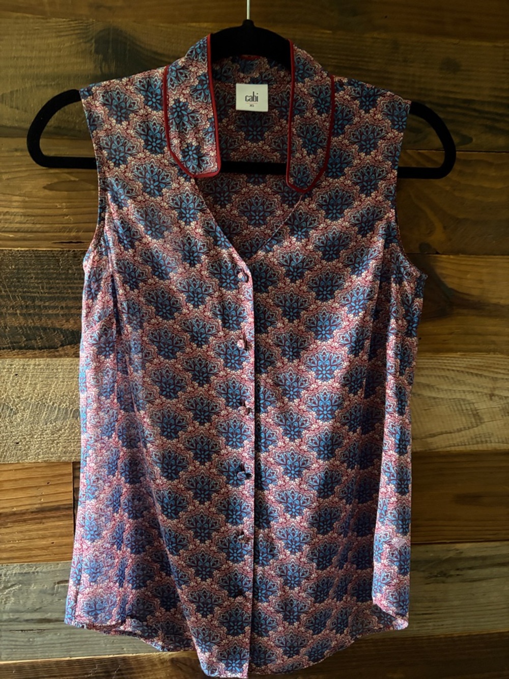 CAbi Sleeveless Medallion-Print Button Front Top in Blue and Pink